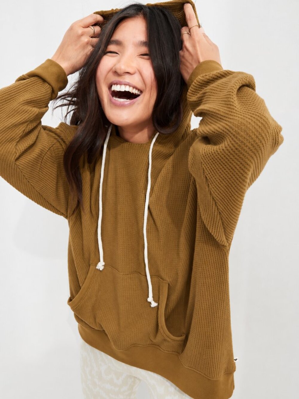 AERIE Cozy Waffle Hoodie Oversized Casual Neutral Tree Line Mustard Womens Large